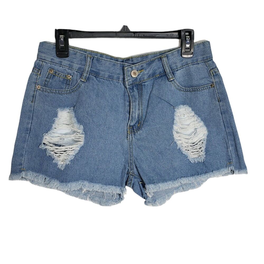 Womens Juniors XL Shorts Denim Jean Mid Rise Distressed Raw Hem Ripped Destroyed